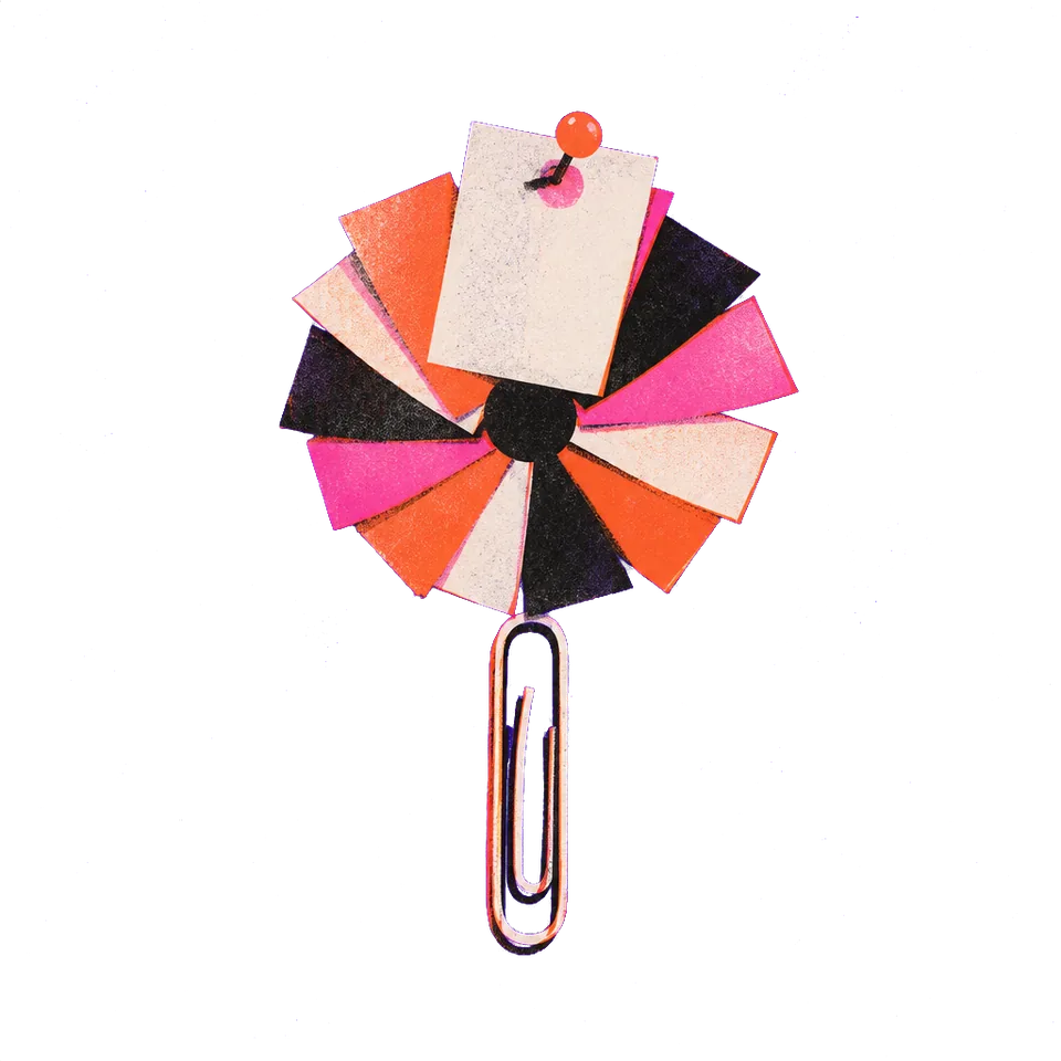 A fan of paper notes held by a paperclip, one pinned on top