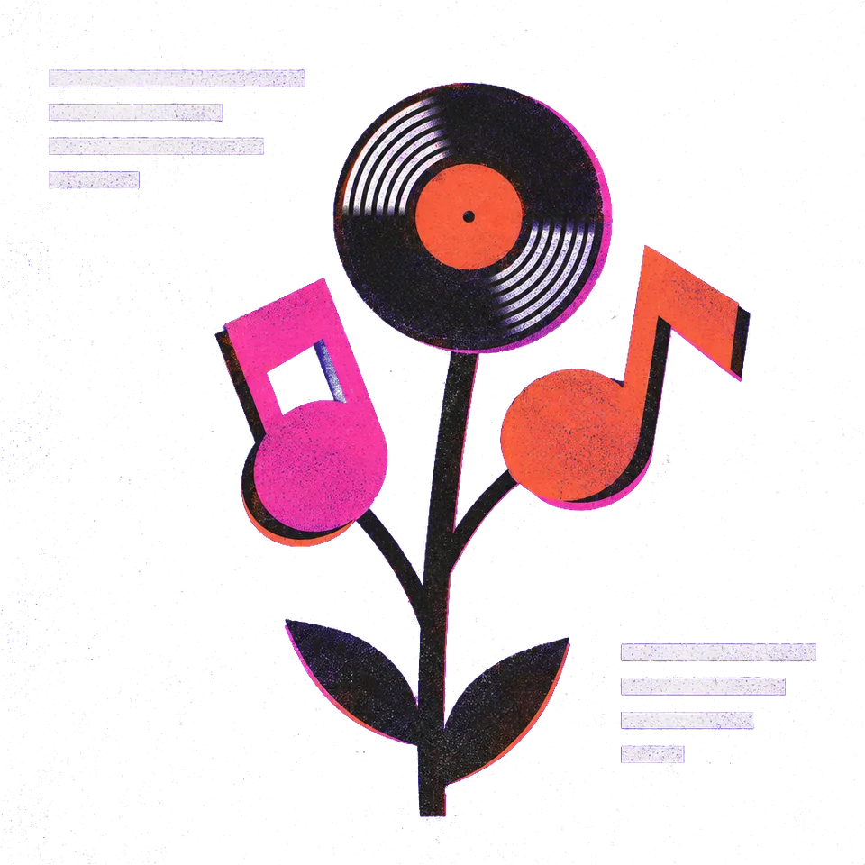 A flower with a vinyl record for a head and musical notes for leaves
