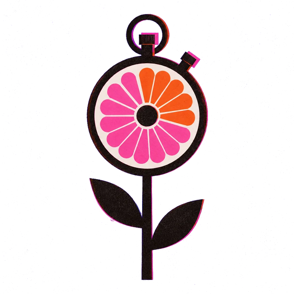 A stopwatch whose face is a flower, on a stem with two leaves