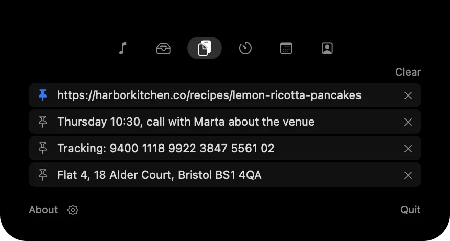 The Clipboard tab listing recent items with one pinned