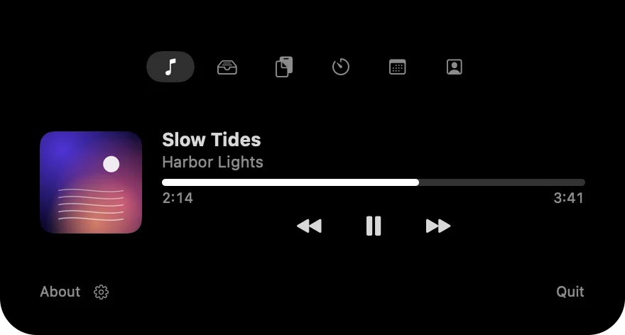 The Now Playing tab with artwork, a progress bar, playback controls and the current lyric line
