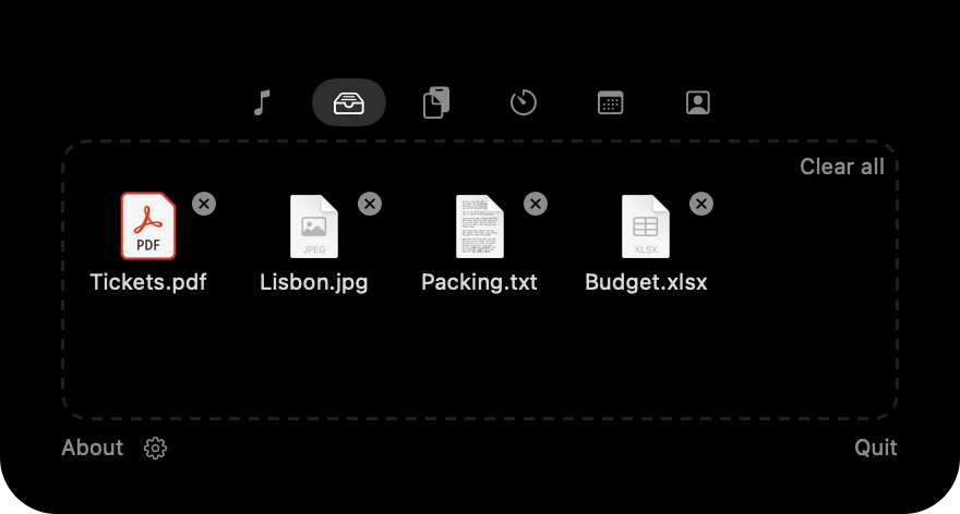The Shelf tab holding a PDF, a photo, a text file and a spreadsheet